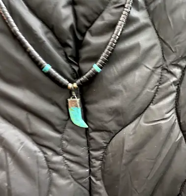 Vintage Santo Domingo Silver And Turquoise Tooth Pendant Necklace • $65