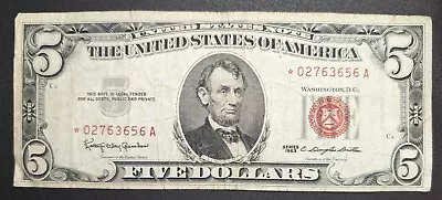 Star Note 1963 U.S. $5 Five Dollar Red Seal Circulated Condition Note      (001) • $19.99