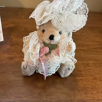 Vintage White Plush Toy Teddy Bear Beige Lace Dress Stuffed Animal 9 Tall • $14.99