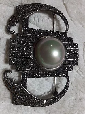 Vintage ART DECO Sterling Silver  W/ Pearl MARCASITE  Brooch Pin • $35