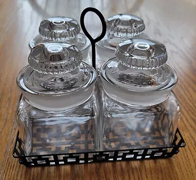 Vintage Jelly Condiment Footed Metal Caddy Holder Set 4 Glass Jars W Lids Unique • $32.99