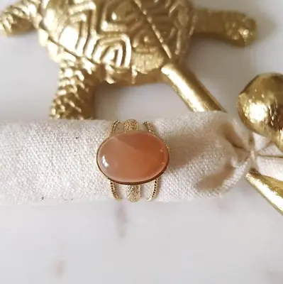 Ring Moonstone Crystals Orange 24K Gold 3 Bands Oval Bezel Gemstones Textured • £40.50