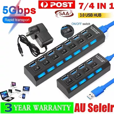 $5.49 • Buy AU 7 4 Port USB 3.0 HUB With Switchs ON/OFF For PC Laptop High Output Powered