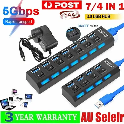$18.59 • Buy AU 7 4 Port USB 3.0 HUB With Switchs ON/OFF For PC Laptop High Output Powered