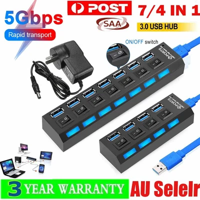 $18.59 • Buy AU 7 4 Port USB 3.0 HUB With Switchs ON/OFF For PC Laptop High Output Powered