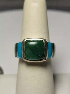 Vintage Sterling Silver Bezel Set Malachite Cabochon W/ Inlay Ring Sz 6.5 • $45