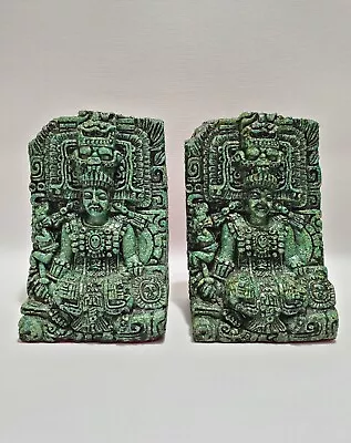 Vintage 1960s Crushed Malachite Green Stone Aztec Mayan Art Bookends Mexico • $74.97