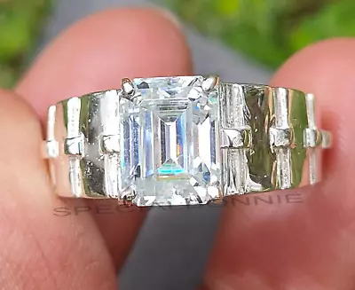 Certified 2.60 Emerald Cut White Diamond Solitaire Men's Ring 925 Silver VIDEO • $49.99