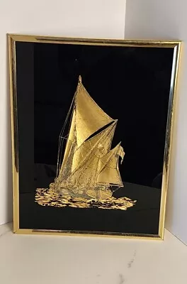 Vintage Metal Etched Schooner Ship-Black & Gold Foil Art KAFKA #3560  1980's • $17.95