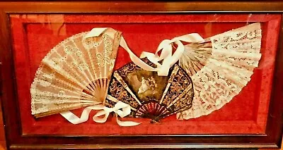 19TH CENTURY FANS (3) MOTHER OF PEARL CARVED GILDED PAINTED FRANCE Shadow Box • $225