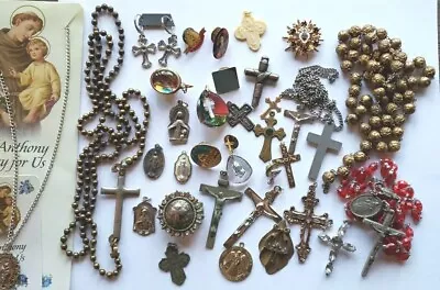 Vtg Rosary Beads Lot Repair Parts Plastic Metal Chain Saints Medals Crucifix  • $0.99