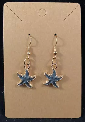 Blue Grey & Gold Starfish Earrings - Dangle - Gold Hook - Handmade • $2.99