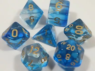 NEW RPG Dice Set Of 7 - Mysty Clear Blue(Gold Inking) D4 D6 D8 D10 D12 D20 D00 • $8.79