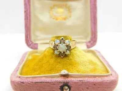 9ct Yellow Gold Fire Opals & Diamond Floral Cluster Ring 1978 London • £145