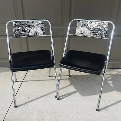 Vintage Mid Century Retro Cosco Floral Gatefold Metal/Vinyl Folding Chairs Set/2 • $99.95