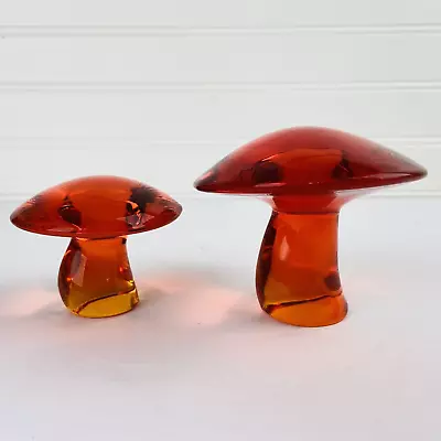 MCM Viking Glass Vintage Mushroom Paperweight Persimmon Red Orange Pair Chipped • $225