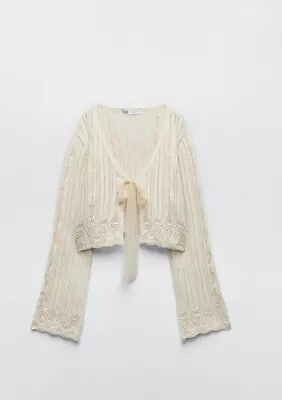 Zara Cardigan Sweater  Womens Medium White Cream Cropped Boho Festival School • $25