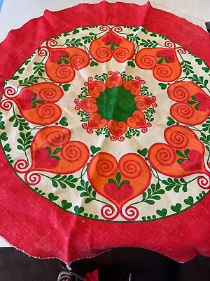 Vtg 70's  Barkcloth Fabric Red/Orange/Green Table Cloth Round 50” • $31