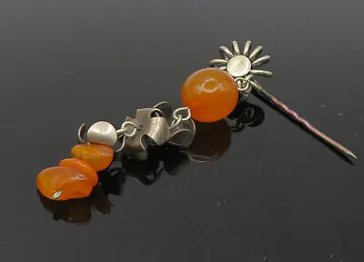 925 Sterling Silver - Vintage Amber Floral Beaded Dangling Sweater Pin - TR1829 • $27.05