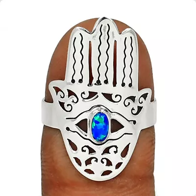 Hamsa Hand - Lab Created Fire Opal 925 Silver Ring Jewelry S.8.5 CR35396 • £9.64