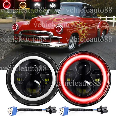 Pair 7  Round LED Headlights Hi/Lo Red Halo Fit Chevy Styleline Deluxe 1949-1952 • $54.98