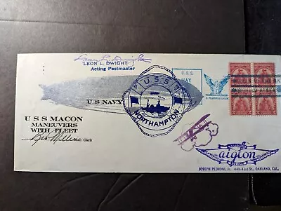 1934 USA Signed USS Macon Zeppelin Airmail Cover USS Northampton To Oakland CA • $250