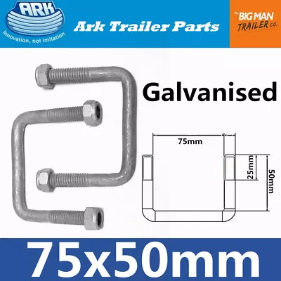 2x ARK Trailer Jockey Wheel U Bolts Galvanised 75mm Draw Bar 50mm Wide Square UB • $16