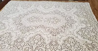 Vintage Ecru Ivory Floral Quaker Lace Tablecloth 67  X 50  • $29.99