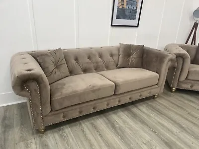 Chesterfield Style 3 Seat Seater Sofa In Mink Velvet Fabric (Denby) BRAND NEW • £599
