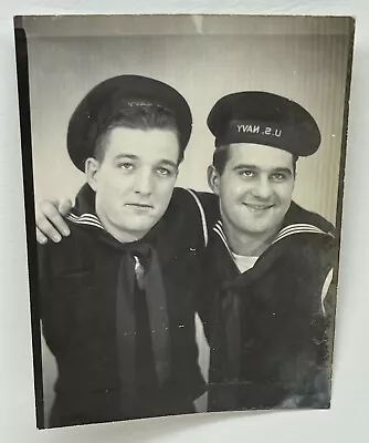 Vintage Studio Booth Photo Handsome U S Navy Sailor Friends Hugging • $8.99