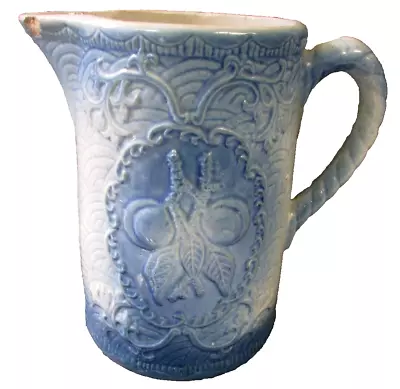 AE HULL Antique Handled Peaches Pitcher Blue Gray Salt Glaze STONEWARE USA C1900 • $49.50