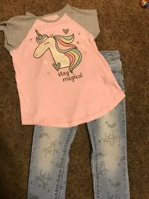 Girls Unicorn Outfit Sonoma Jegging Jeans & Jumping Beans Stay Magical Shirt 5 • $10
