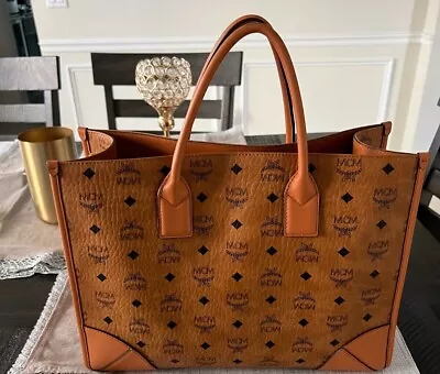 LARGE MCM Munchen Tote In Visetos COGNAC  WITH STRAP  WITH POUCH NEW! • $217.50