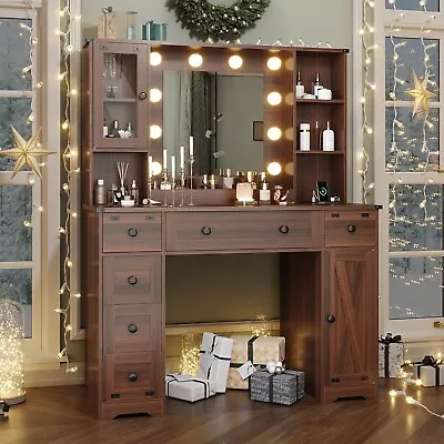 Makeup Vanity Desk With Lights Large Vanity Table Bedroom Dressing Table Brown • $259.89