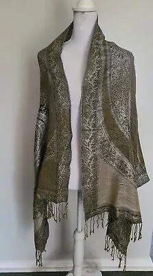 AO Women's Wrap Shawl Scarf Metallic Silver/ Gold  Fringed  Abstract Print  • $8