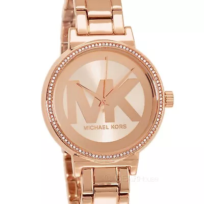 Michael Kors Sophie Womens Rose Gold Glitz Watch MK Logo Dial Crystals • $116.06