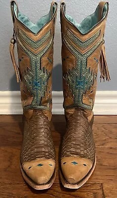 Corral Vintage Boots C2693 Python Aztec Indian Teal & Brown Size 8-New W/Box • $450