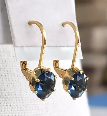 Sapphire Blue Oval Glass Stone GoldTone Leverback Pierced Earrings 13/16  Dangle • $16.95