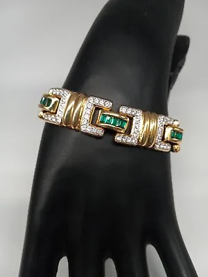 Nolan Miller Gold Tone Clear Crystals Green Baguettes Half Inch Wide Bracelet • $140