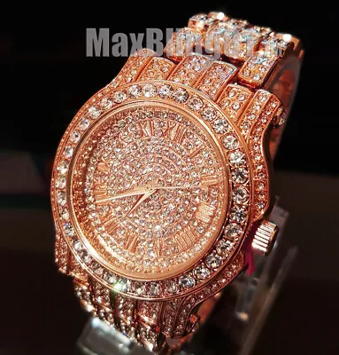 Men Hip Hop Iced Icy Rose Gold Bling Lab Diamond Rapper Bling Metal Luxury Watch • $26.99