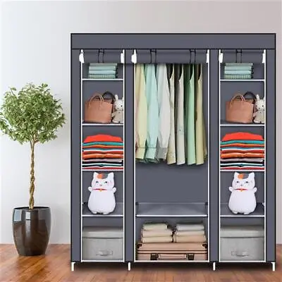 Practical Fabric Canvas Wardrobe Hanging Rail Shelving Clothes Storage Cupboard • £18.49