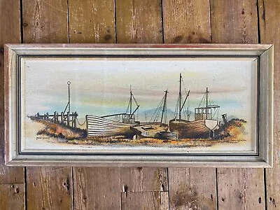 Vintage Oil Board Landscape Harbour Beach Signed Painting Rustic John Hooley CW • £29.99