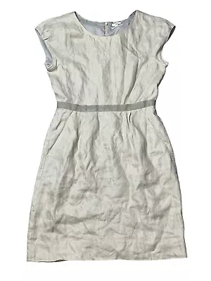 J Crew Linen Herringbone Beige Khaki Short Sleeve Sheath Lined Dress Size Medium • $35.99