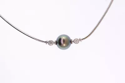 MIKIMOTO 18k White Gold 9.2mm Black Tahitian Pearl Diamond Omega Chain Necklace • $1711.40