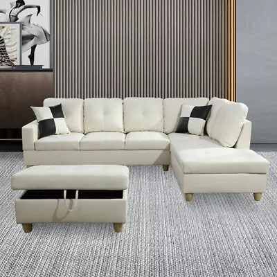 White L-Shaped Sectional Sofa Set PU Leather Living Room Couch Storage Ottoman • $742.43