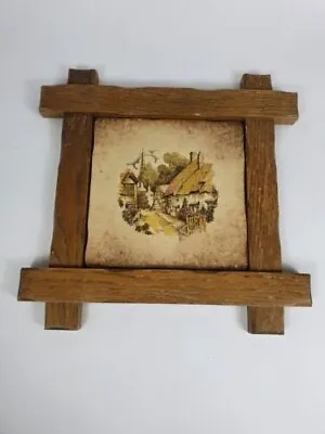 Beautiful Picture In Ceramic With Wooden Frame Old Solid Oak Vintage 34X34 Cm. • £45.73