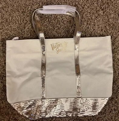 BNWT Victoria Secret Tote Bag Champagne Gold Sparkle Sequin Cream White Canvas • $19.99
