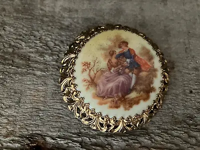 Vintage West Germany Gold Tone Fragonard Porcelain Courting Couple Brooch • $9.99