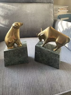 Set Of 2 Mid-Century Gatco Wall Street Broker Bull Bear Brass & Marble Bookends • $65