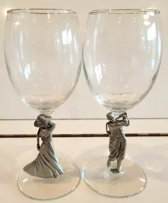 2 Clear Wine Goblets With A Metal Golfer Stem And Wife 7 Inches Holds 6 Ozs • $30